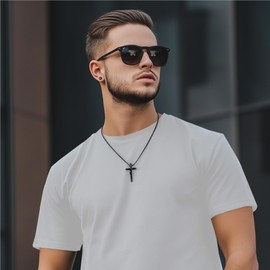 ZENLUNANO Catholic Cross Necklace for Men and Women with Medium Crucifix Pendant - Cool Black, 2 Necklace Chains of Distinctive Styles, 22 Inch Men Chain