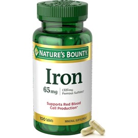 Nature's Bounty Iron 65mg, 325 mg Ferrous Sulfate, Cellular Energy Support, Promotes Normal Red Blood Cell Production, 100 Tablets