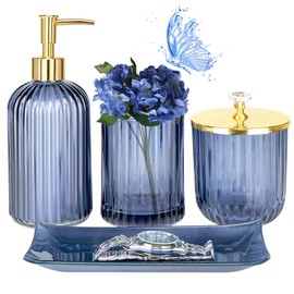 Jenseits Blue Bathroom Accessories, 4 Pcs Glass Bathroom Set Complete includes Soap Dispenser, Toothbrush Holder, Apothecary Jar, Vanity Tray, Decorative Bathroom Organizers Decor, Housewarming Gift
