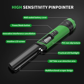 DR.ÖTEK Metal Detector Pinpointer, IP68 Fully Waterproof Handheld Pin Pointer with LCD Screen, Innovative Interference Cancellation Function, Higher Sensitivity, 3 Modes, Great for Gold, Coins, Green