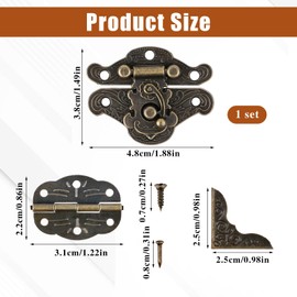 96PCS Engraved Latch Hasp Small Hinges for Wooden Box Jewelry Right Hook Hinges and Box Corner Protectors Hardware Kit Vintage Bronze Hinge with Matching Screws for Decorative Cabinet Small Wooden Box