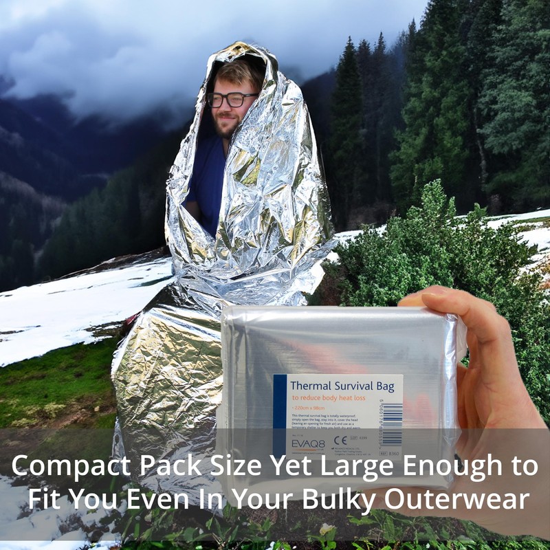 EVAQ8 Survival Bag Lightweight Thermal Double Layer Silver Bivy Bag.