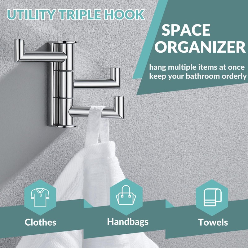 APLusee Swivel Towel Hook Polished Chrome, 304 Stainless Steel Triple