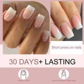 Wugbc Press on Nails Short Square French Fake Nails Full Cover Glossy Acrylic Press on Nails Reusable Glue on Nails Ombre Nude False Nails Kit for Women Manicure Nail Art Decoration 24PCS