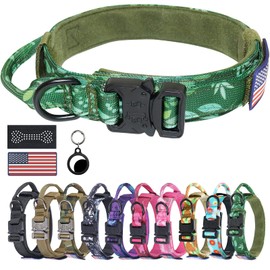 Hotsky Tactical Dog Collar, Adjustable Military Training Nylon Dog Collar for Medium Large Dogs, with Handle, Heavy Duty Metal Buckle, Airtag Case, 2 Patches, Spring, Green, M