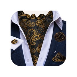DiBanGu Black Gold Mens Ascot Tie Paisley Jacquard Woven Cravat Silk Scarf Self Tie Pocket Square Lapel Pin Cufflinks Set