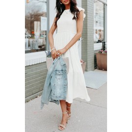 MEROKEETY Women's Flutter Short Sleeve Smocked Midi Dress Summer Casual Tiered A-Line Dress,White,L