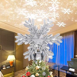 Fohuas Christmas Tree Topper with 3D snowfake Projector,LED Rotating Snowflake Xmas Light lamp,Glitter Sparkling Silver Snow Christmas Tree-top Decoration Ornament