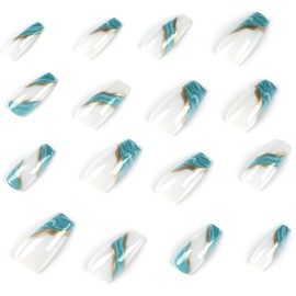 Coffin Press on Nails Medium Fake Nails with Gold Line Designs Light Blue Smudge Nails Press ons White Glue on Nails Glossy Full Cover Artificial Stick on Nails for Women 24Pcs