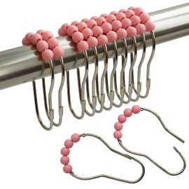 Shower Curtain Rings, Stainless Steel Shower Curtain Hooks Acrylic Roller Balls Rustproof Heavy Duty for Bathroom Curtains and Curtains (Pink)
