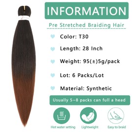 Dilekay Ombre Braiding Hair Pre Stretched 1B/30 Ombre Brown Braids Hair Extensions T30 Yaki Texture Knotless Braiding Hair Professional Easy Crochet Braid Hair for Box Braids