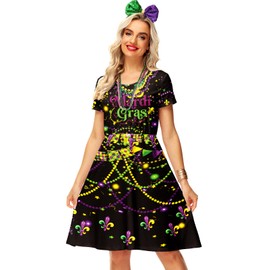 Women Mardi Gras Dresses Carnival Festival Dress Purple Gold Flag Fleur De Lis Print Parade Skate Dress M