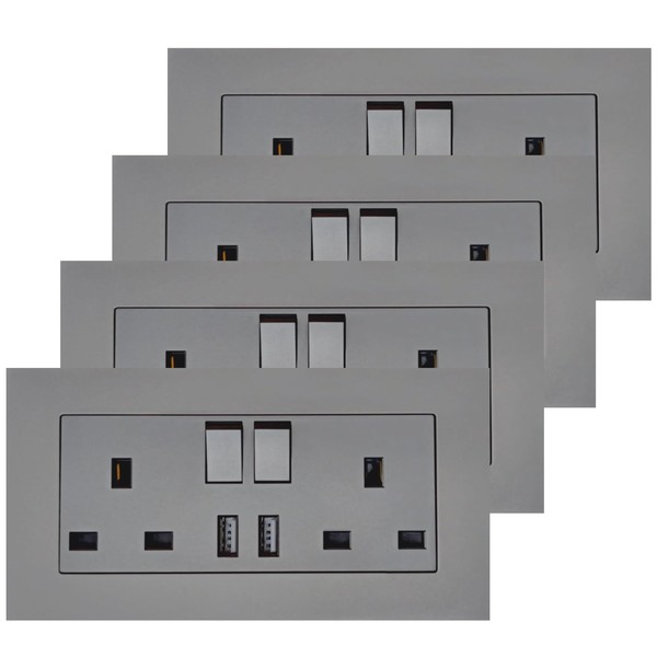 4 Pack Electrical Double Switched Power Socket, 3-pin 13A 2