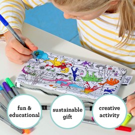 eatsleepdoodle Dinosaur Colouring Pencil Case for Kids w/ 10pk Washable Markers for Kids - 22x14cm Dinosaur Colouring Pencil Pouch for Kids