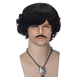 FATMAUI Short Black Curly Mens 70s 80s Wig Mustach with Bolo Tie Costume Wig