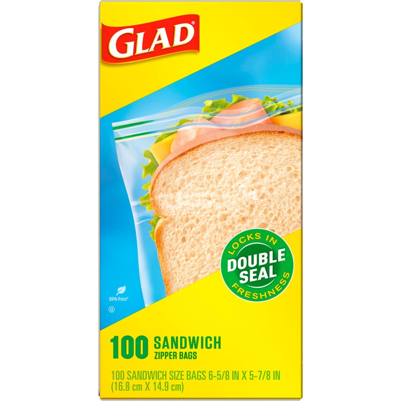 Glad Zipper Food Storage Sandwich Bags, 100 Count (Packaging May