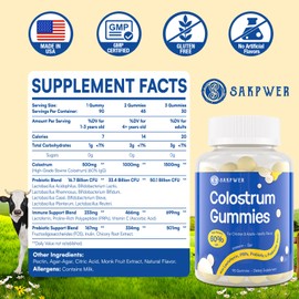 Sakpwer Bovine Colostrum Supplement Gummies - with 60% Highest IgG, Lactoferrin, Probiotics and Prebiotics for Adults and Kids, Vanilla Flavor & Sugar Free, 2 Pack