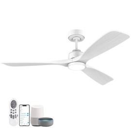 52 Inch Wood Smart Ceiling Fans with Lights Remote,Voice Control via WIFI Alexa App,Quiet DC Motor,Outdoor Indoor Ceiling Fan,Dimmable,Modern White Lighting & Ceiling Fan for Bedroom Patio Porch