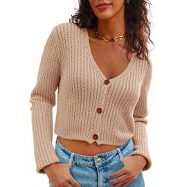 Saodimallsu Womens Cropped V Neck Cardigan Sweaters Long Sleeve Button Down Chunky Ribbed Knit Loose Crop Sweater Tops Khaki