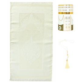 Prien Muslim Prayer Rug With Tasbih For Islamic Gifts, Portable Islam Gift Box, Ramadan Set For Women & Men, Sajadah, Elegant Turkish Carpet Bag, Soft Praying Mats For Eid (White-2)