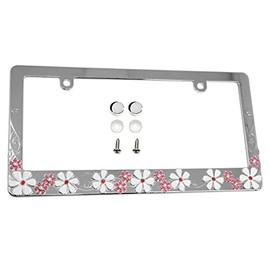 LFPartS Plumeria Flower Sparkle Crystal Bling Metal License Plate Frame (Chrome)