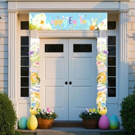 2pcs Easter Egg Couplet & Banner, Easter Porch Sign Happy Party Door Decoration Bunny Decor Rabbit Porch Sign for Home Outdoor Indoor Wall Front Door