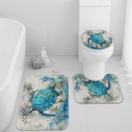 Britimes Blue Turtle Bathroom Rug Set of 3, 3 Pieces Bath Mats Set for Bathroom, Ocean Nautical Starfish Washable Cover Floor Rug Decorations for Kitchen Bathroom Bedroom