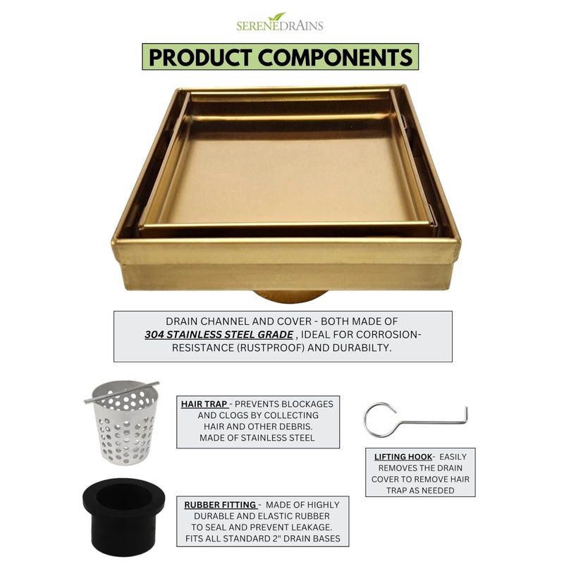 SereneDrains 304 Stainless Steel Tile in Square Brushed Gold Shower