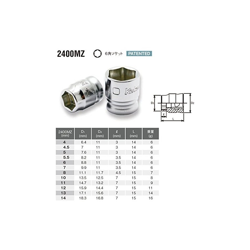 Ko-Ken Tool Co. Z-EAL 2400MZ-14 Hex Socket, Drive Size 0.3