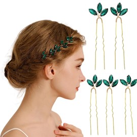 FWCXKK 5 Pack Gold Metal Emerald Green Rhinestone Party Prom Wedding Bridal U-shaped Hairpins Headpieces Accessories for Brides Bridesmaids Women