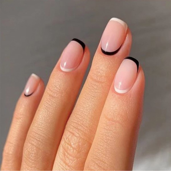 24 Pieces Short False Nails French Tip Square Nails Stick On Nails Removable Stick On Fake Nails Acrylic Women Girls Nail Art Accessories (Black Border)