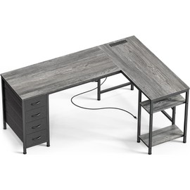 Huuger 55 Inch L Shaped Desk with Drawers, Reversible Computer Gaming Desk with Power Outlets and USB-C Port, Adjustable Side Storage Shelves, for Work Study Corner Home Office, Grey