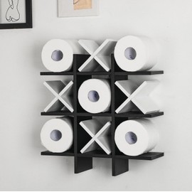 Weysat Tic Tac Toe Toilet Paper Holder Stand Toilet Paper Storage Bathroom Decor Rustic Wooden Hanging Storage Freestanding Wall Mounted Shelves Decor for Toilet Tissue Farmhouse(Black, White)