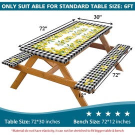 Picnic Table Cover with Bench Covers, Lemon & Black-White Gingham , Elastic Edges, Waterproof Windproof Fitted, for Outdoor Camping Patio Garden, with Drawstring Bag, 72 in