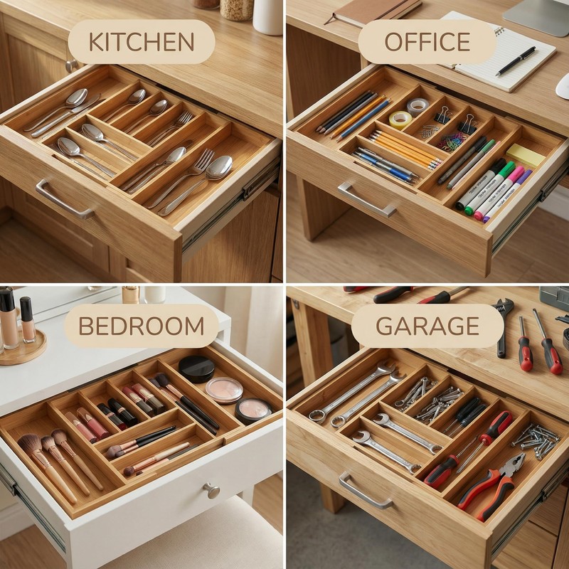 Klabelle Bamboo Drawer Organizer - Expandable Kitchen Utensil Holder, Adjustable