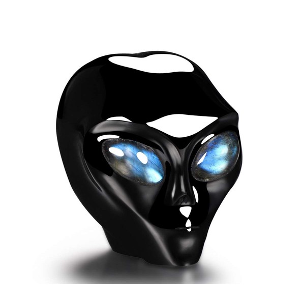 Skullis 2.0" Black Obsidian Star Being Female Alien Crystal Skull Companion with Labradorite Eyes, Hand Carved Gemstone Fine Art Sculpture, Reiki Healing Stone Statue