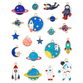JIALEEY Space Theme Charm Assorted Gold Plated Enamel Mixed Astronaut Jupiter Rocket Planet Celestial Charm Pendant DIY for Necklace Bracelet Earring Jewelry Making, 20PCS