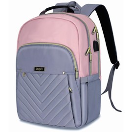 Skaypibs Backpack for Women, College High School Bookbag, 15.6 Inch Laptop Backpack with USB Charging Port for Teacher Nurse, Waterproof Daypacks for Work Travel Anti-theft Pink Grey