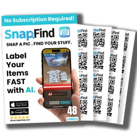 SnapFind Smart QR Code Labels – AI Auto-Labeling, No Typing! Storage Bins & Moving Containers – iOS and Android – 48 White Stickers (2.5" x 2.5")