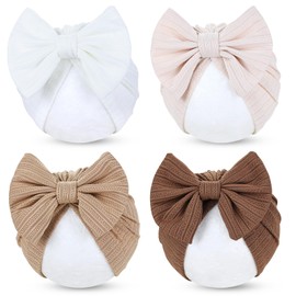 Cinaci 4 Pieces Soft Stretchy Nursery Hospital Caps Bonnets Beanies Headwraps Turban Hats with Bow for Baby Girls Newborns Infants Toddlers