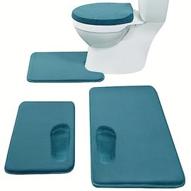 Madeals Memory Foam Bath Mat Set 4 Piece with Toilet Lid Cover and Rug Set Combo, Bath Mat Set 3 Piece and U-Shaped Toilet Floor Rug Teal