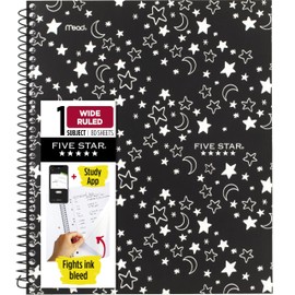 Five Star Spiral Notebook + Study App, 1 Subject, Wide Ruled, 8" x 10-1/2", 80 Sheets, Fights Ink Bleed, Water Resistant Cover, Black Stars Glow in the Dark (930020F)