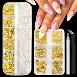 2Boxes 3D Metal Nail Art Studs Mixed Shapes Gold Shell Seahorse Starfish Conch Alloy Nail Rivets Nail Art Charms Flat Back Star Moon Nail Rhinestones Ocean Theme Designs Nail Supplies for Women
