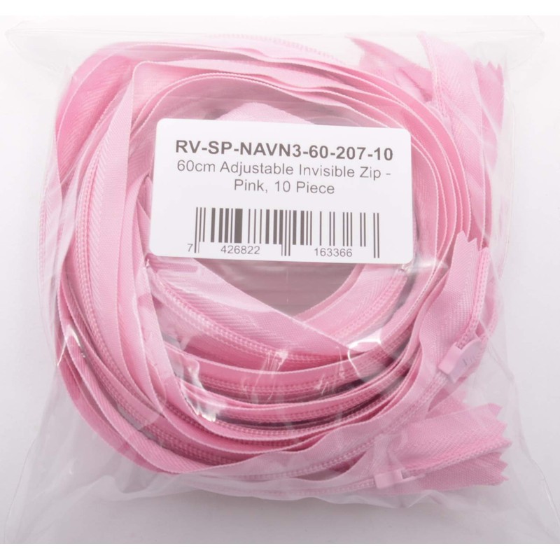 60cm Adjustable Length Invisible Zip - Pink, 10 Pieces