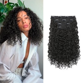 FLUFYMOOZ 4PC Clip in Hair Extensions, 14 Inch 100％ Pure Protein Silk Short Hairpiece Deep Curly Wavy Hair Extensions Clip in Natural Soft Hairpiece for Women-Black Brown