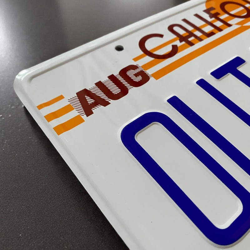 OUTATIME License Plate. Made from Aluminium. Text and License plate