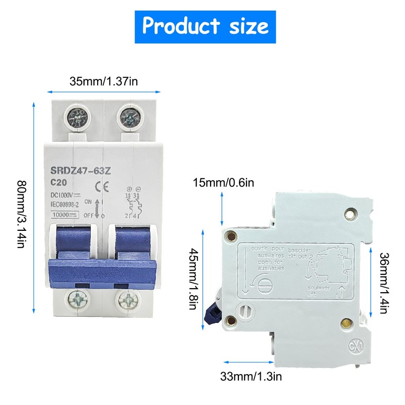 DC Miniature Circuit Breaker 2P 1000V Circuit Breaker 20A, DZ47-63Z