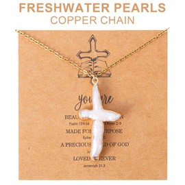 Mikovivi Pearl Cross Necklace, Freshwater Pearls Necklace Baroque Pearl Necklace Chunky Cross Pearl Necklace Cross Chain for Women Girl (Gold)