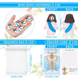 Barydat 150 Set Mini Jesus Easter Figures Little Jesus Toys Bulk Religious Christian Doll with 150 Prayer Cards and 150 Organza Bags for Sunday School Church Mother's Day Baptism Gift(Blue)