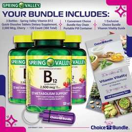 Spring Valley Vitamin B12 Quick Dissolve Tablets 2500 Mcg B Vitamins Complex 120 Ct 3 pk (360 Total) + Vitamin Vitality & Pill Container (5 Items)!